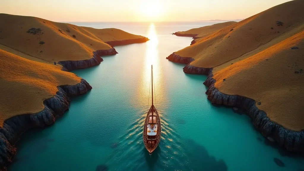 Phinisi liveaboard anchored between the Gili Lawa islands at golden hour in northern Komodo National Park